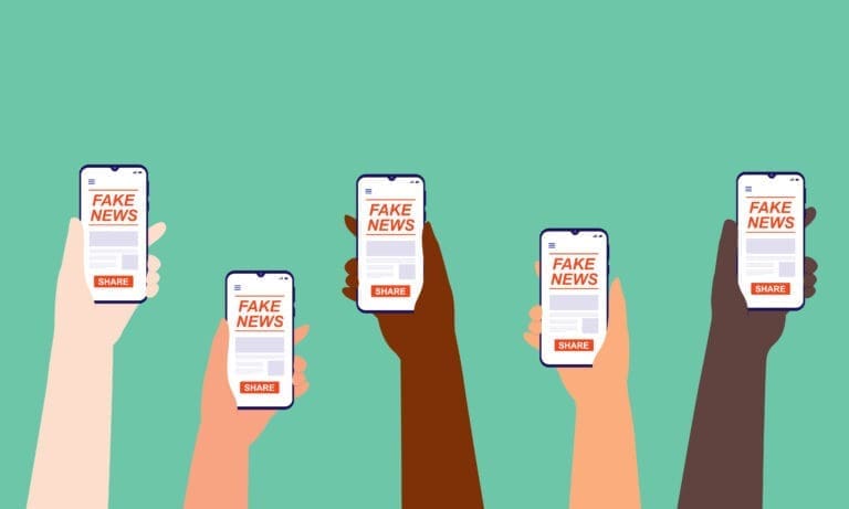 Group Of Multi-Ethnic People Reading Fake News Online. Close-Up, Isolated On Green Background. Vector, Illustration, Flat Design, Character.